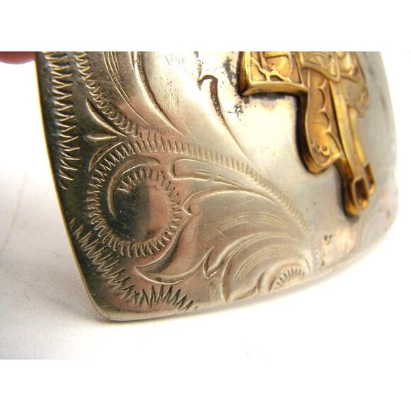 Justin Nickel Silver Gold Saddle Belt Buckle Western Ranch Roping Bullriding Vtg - Picture 3 of 9